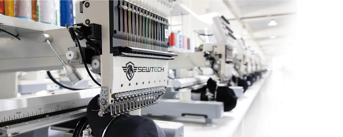 SEWTECH embroidery machines arranged in rows
